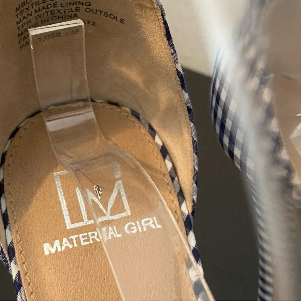 Material Girl Gingham Checkered Plaid Heels Size 9 Navy Blue White Coquette